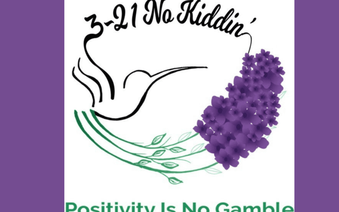 a bird and flower logo of 321 no kiddin' podcast saying positivity is no gamble