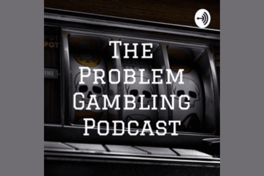 the problem gambling podcast text in front of a dark slot machine with skulls