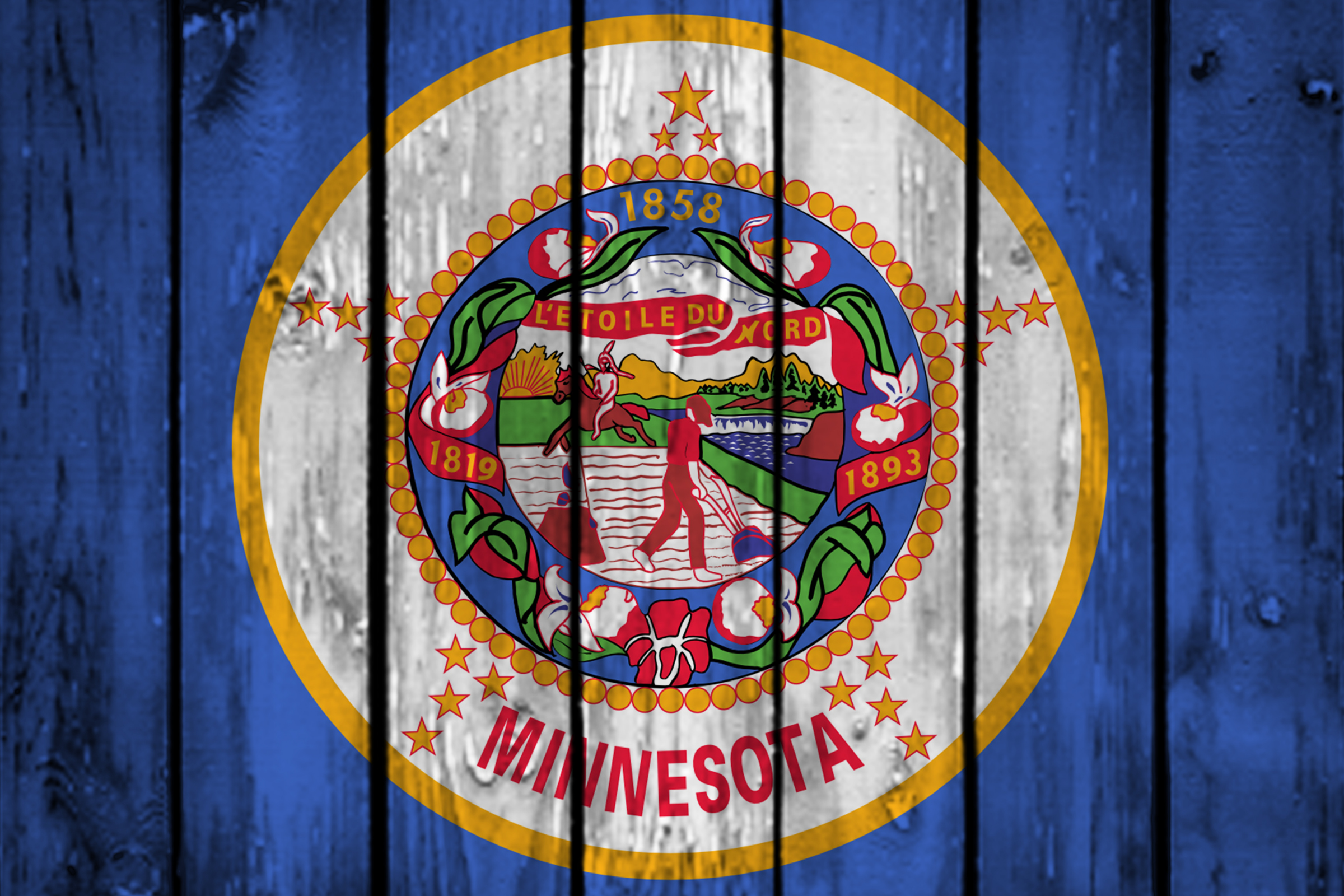 the state seal of minnesota painted brightly on wooden planks