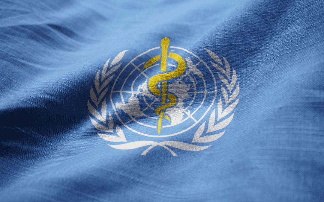 a world health organization logo on a textured blue flag