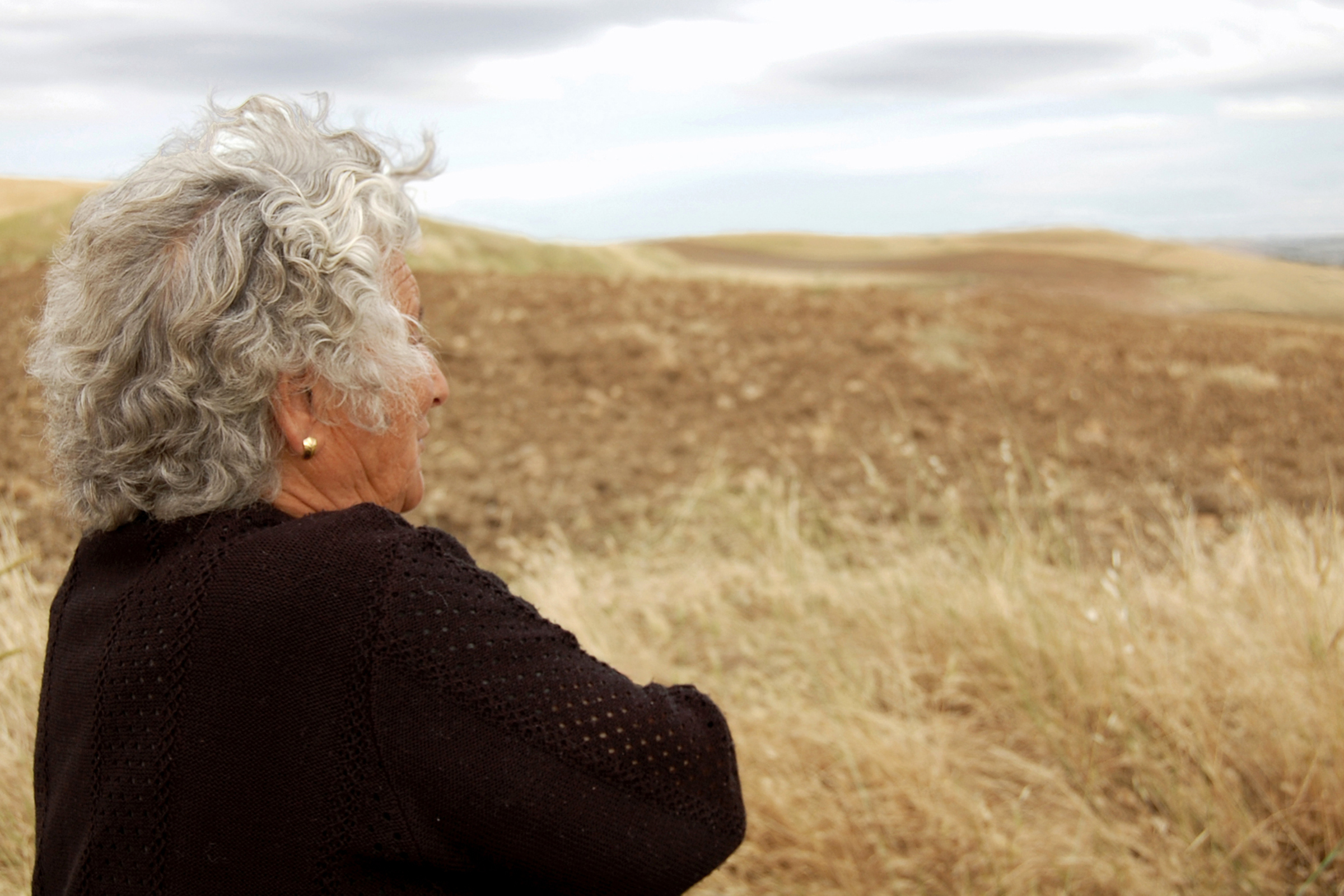 a woman looks out over dry hills and an overcast sky