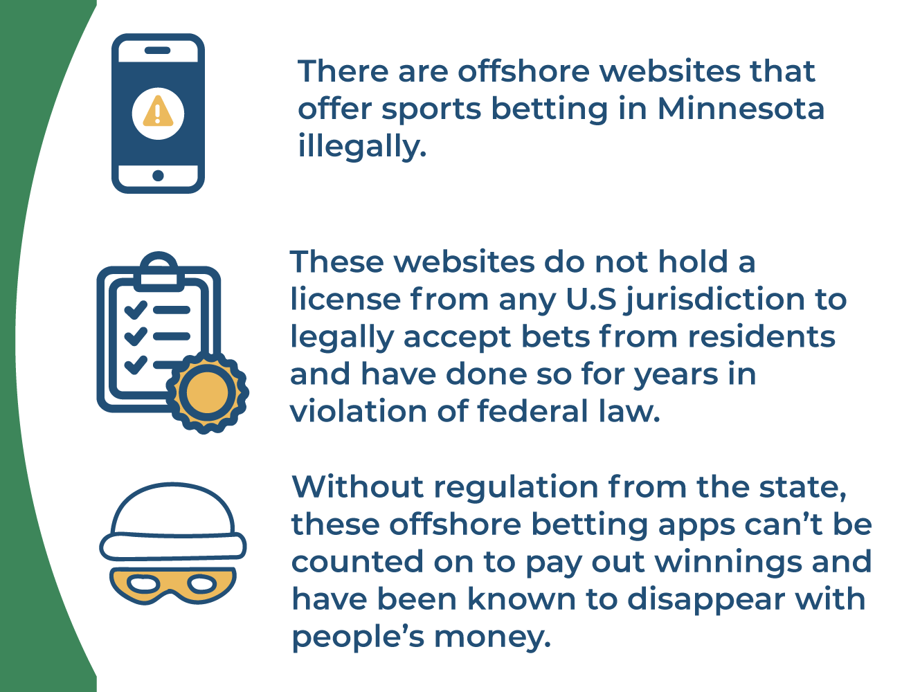 There are offshore websites that offer sports betting in Minnesota illegally. These websites do not hold a license from any U.S jurisdiction to legally accept bets from residents and have done so for years in violation of federal law. Without regulation from the state, these offshore betting apps can’t be counted on to pay out winnings and have been known to disappear with people’s money.
