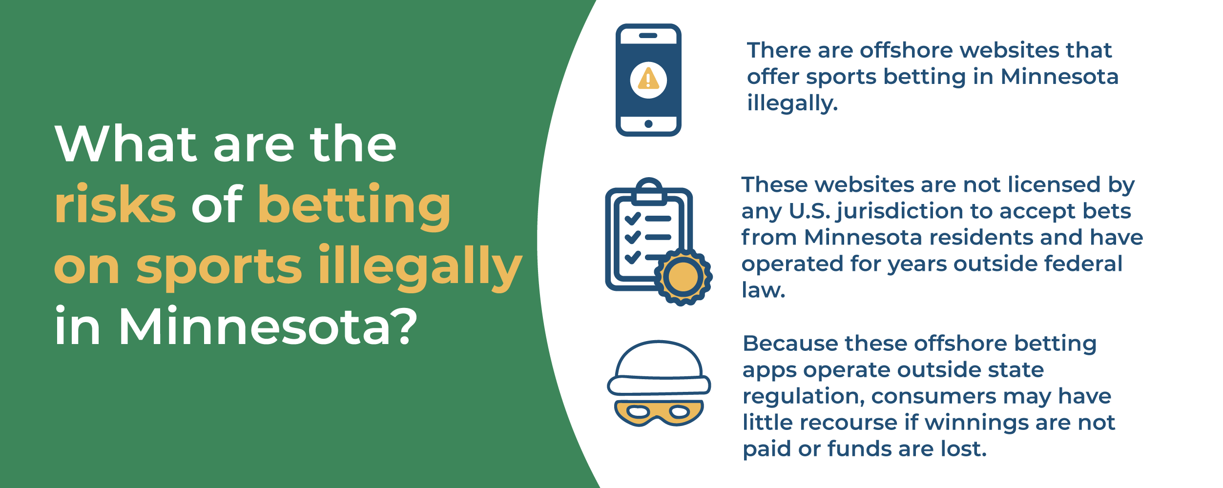 What are the risks of betting on sports illegally in Minnesota? There are offshore websites that offer sports betting in Minnesota illegally. These websites do not hold a license from any U.S jurisdiction to legally accept bets from residents and have done so for years in violation of federal law. Without regulation from the state, these offshore betting apps can’t be counted on to pay out winnings and have been known to disappear with people’s money.