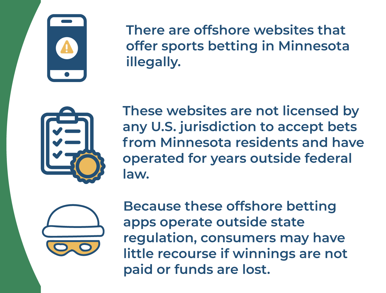There are offshore websites that offer sports betting in Minnesota illegally. These websites do not hold a license from any U.S jurisdiction to legally accept bets from residents and have done so for years in violation of federal law. Without regulation from the state, these offshore betting apps can’t be counted on to pay out winnings and have been known to disappear with people’s money.